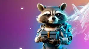 Изображение енота в солнечных очках с скипетром, празднующего с воздушными шарами и золотыми монетами, символизирующее приветственный бонус в Казино Бонсай.